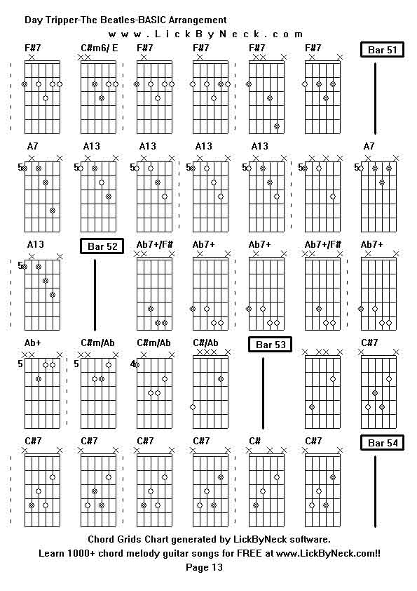 Chord Grids Chart of chord melody fingerstyle guitar song-Day Tripper-The Beatles-BASIC Arrangement,generated by LickByNeck software.